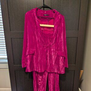 Nasty Gal Pink Velvet Suit (Top and Pants), Size 8, Hot Pink